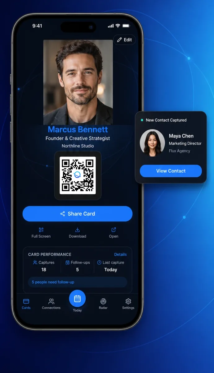 ORBINE card screen: Marcus Bennett’s card with his photo, a QR code with the ORBINE mark, Share Card, card performance, and a New Contact Captured notice
