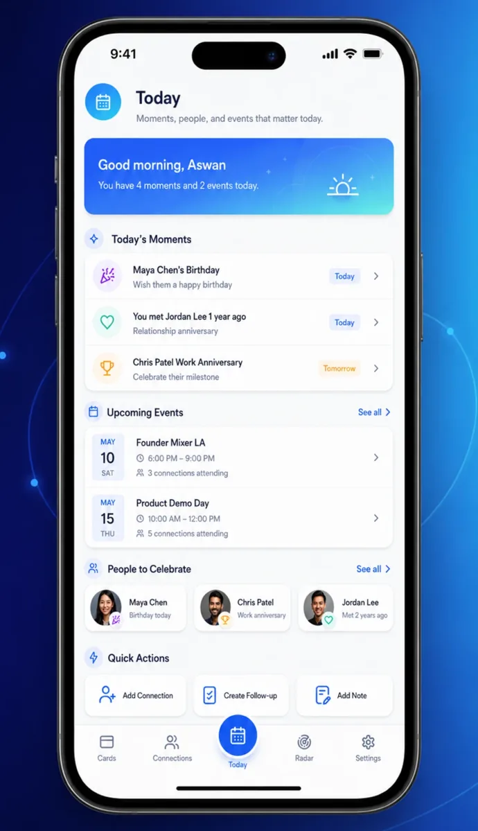 ORBINE Today screen: today’s moments, upcoming events, people to celebrate and quick actions
